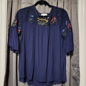 Blue Embroidered Flower Top